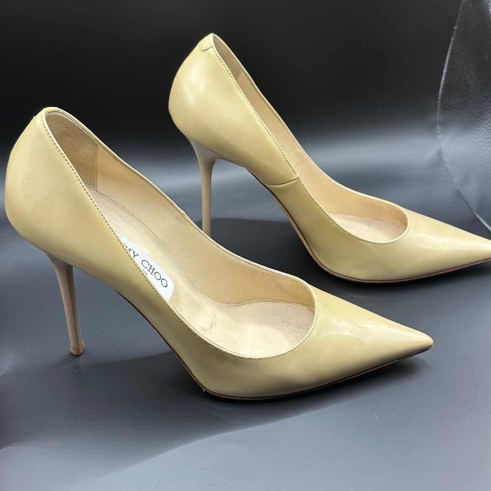 JIMMY CHOO Abel Nude Patent Leather Pointy Toe Pumps